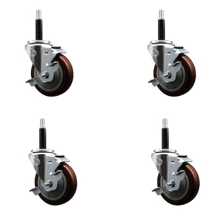Service Caster 4'' Maroon Poly Swivel 3/4'' Expanding Stem Caster Set with Brake, 4PK SCC-EX20S414-PPUB-MRN-TLB-34-4